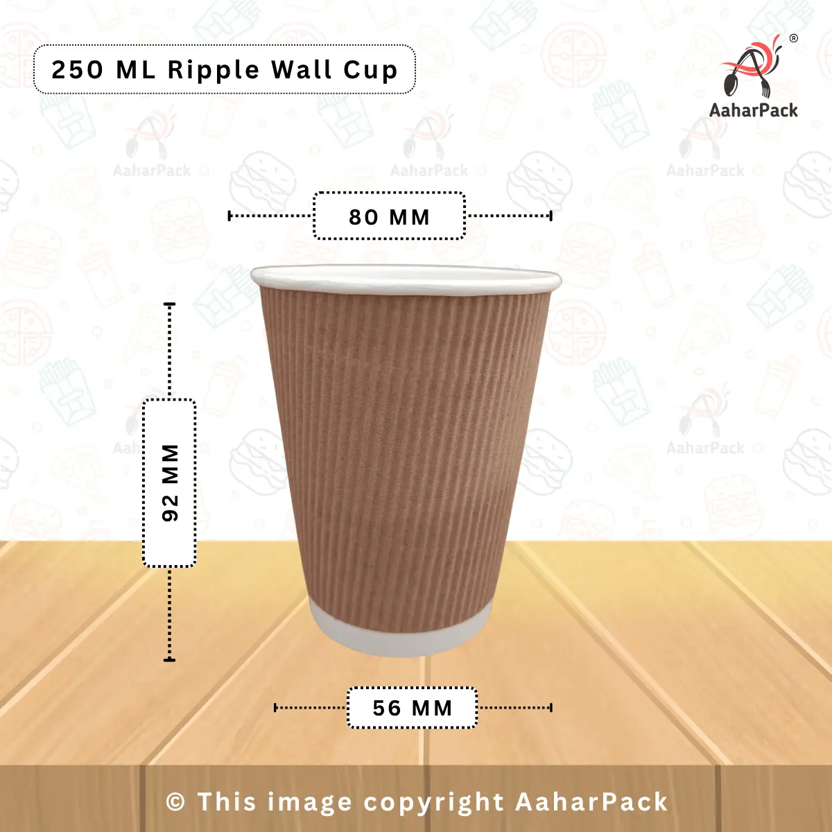 250 ML (8oz) Ripple Wall Kraft Paper Cups With Paper Flat Without Straw Cut Lid Pack of 1000 Pcs