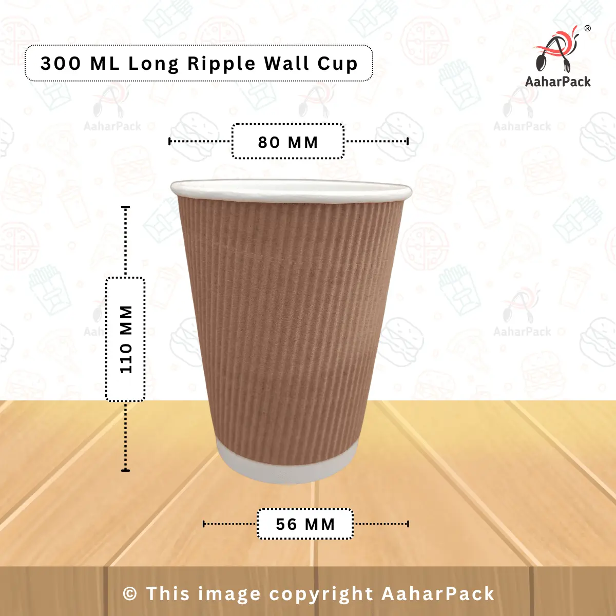 300 ML Long Ripple Wall Kraft Paper Cups With Plastic Flat Lid – Pack of 1000 Pcs