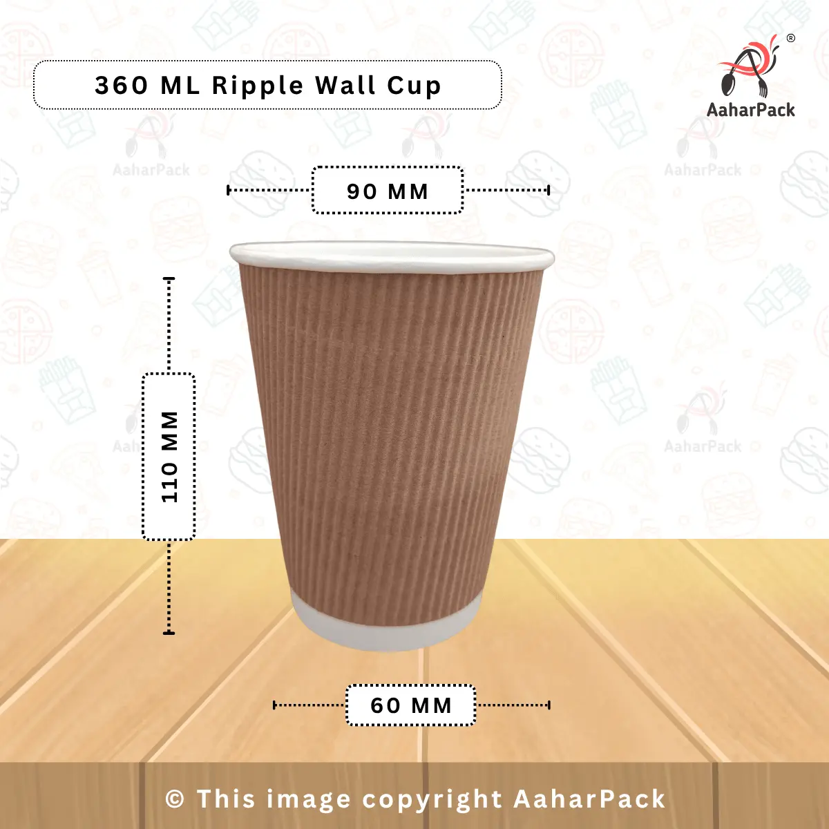 360 ML (12oz) Ripple Wall Kraft Paper Cup With Paper Flat Without Straw Cut Lid Pack of 1000 Pcs