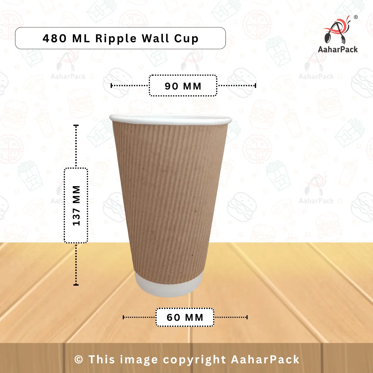 480 ML (16oz) Ripple Wall Kraft Paper Cups With Paper Flat Without Straw Cut Lid Pack of 1000 Pcs
