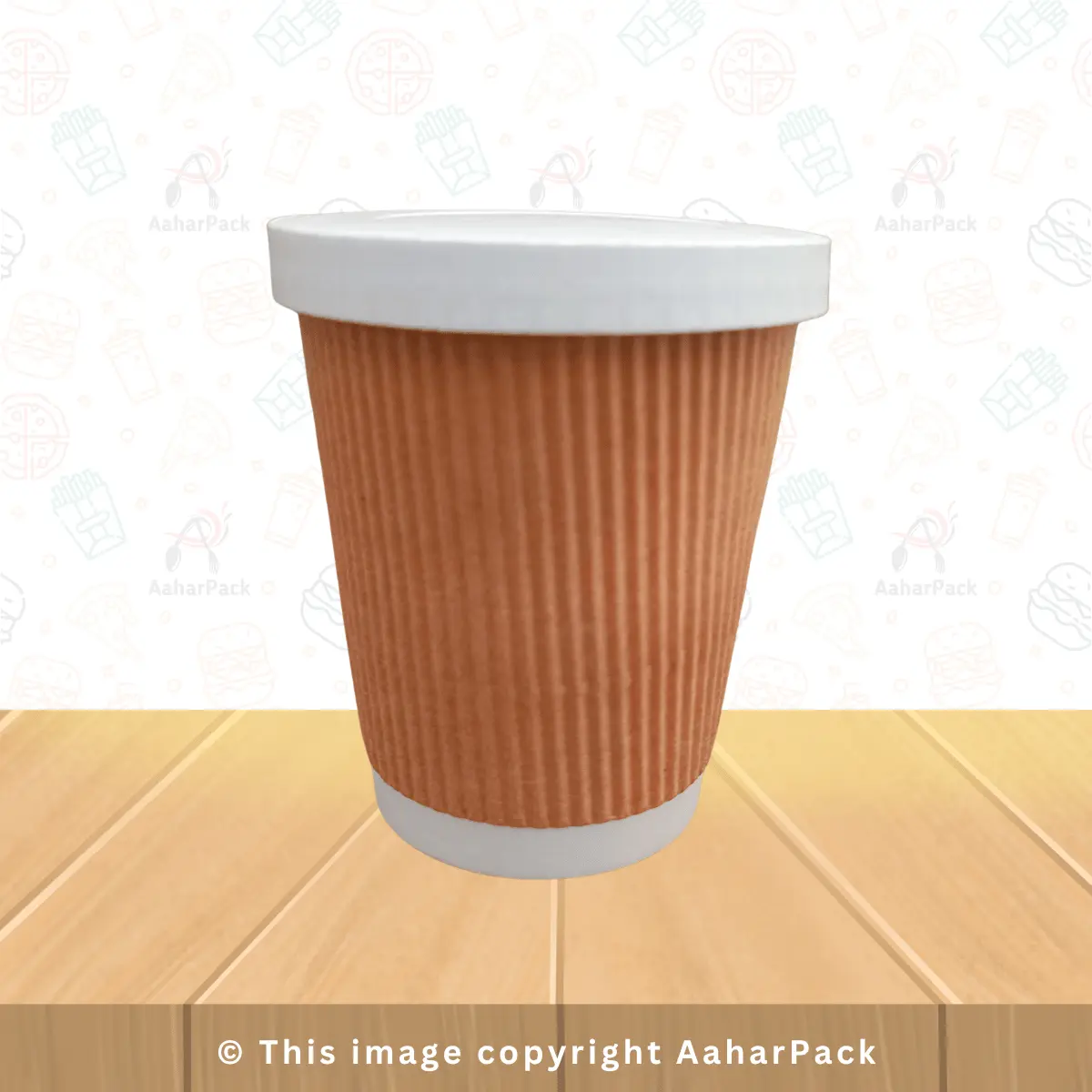 300 ML Long Ripple Wall Kraft Paper Cups With Paper Flat Without Straw Cut Lid – Pack of 1000 Pcs
