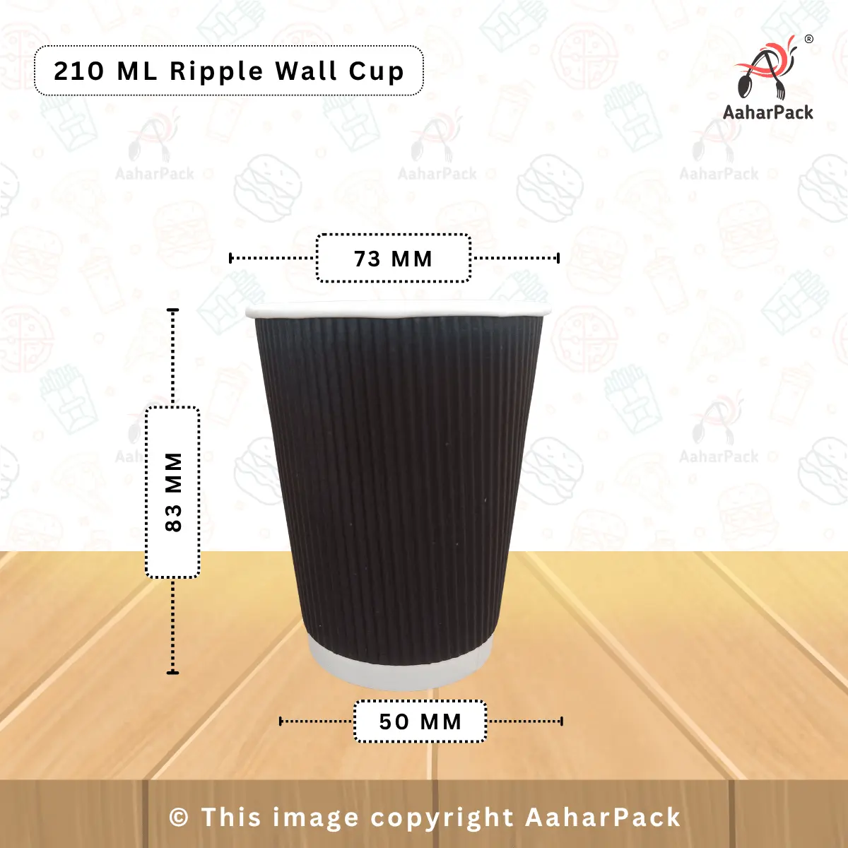210 ML (7oz) Ripple Wall Black Paper Cups With Paper Flat Without Straw Cut Lid Pack of 1000 Pcs