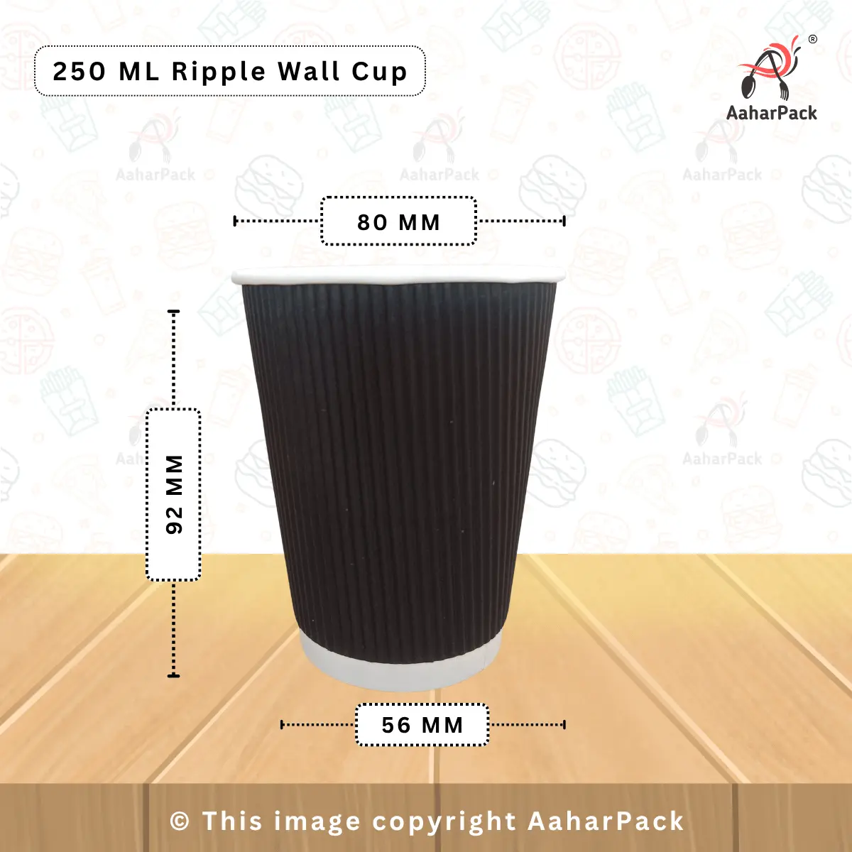 250 ML (8oz) Ripple Wall Black Paper Cups With Paper Flat Without Straw Cut Lid – Pack of 1000 Pcs