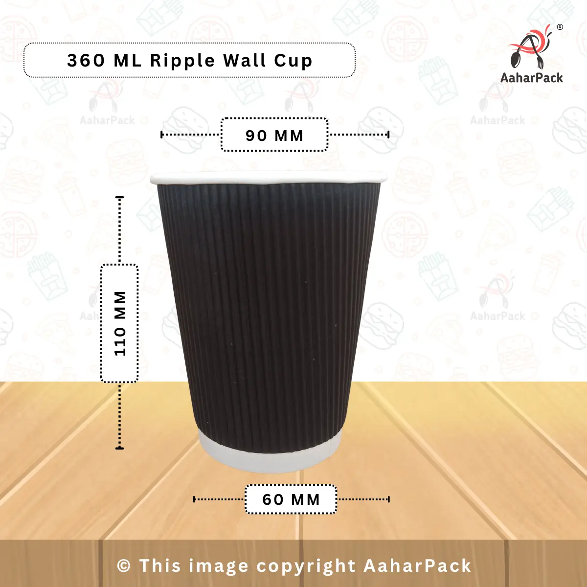 360 ML (12oz) Ripple Wall Black Paper Cups With Paper Flat Lid – No Straw Cut – Pack of 1000