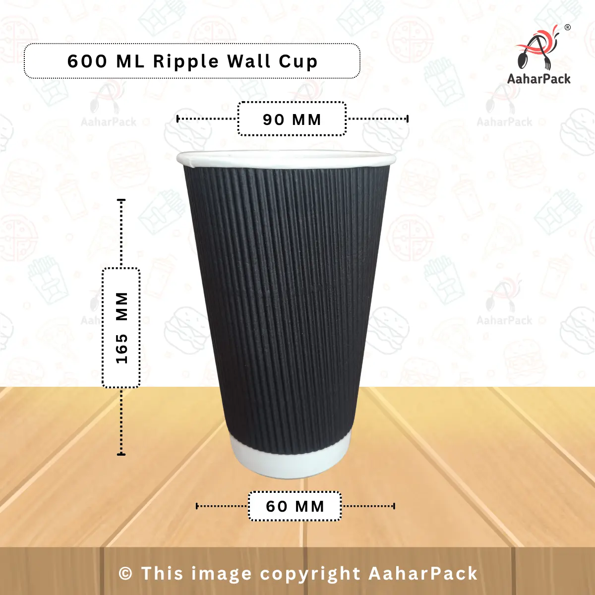 600 ML (20oz) Ripple Wall Black Paper Cups With Paper Flat Without Straw Cut Lid – Pack of 1000 Pcs