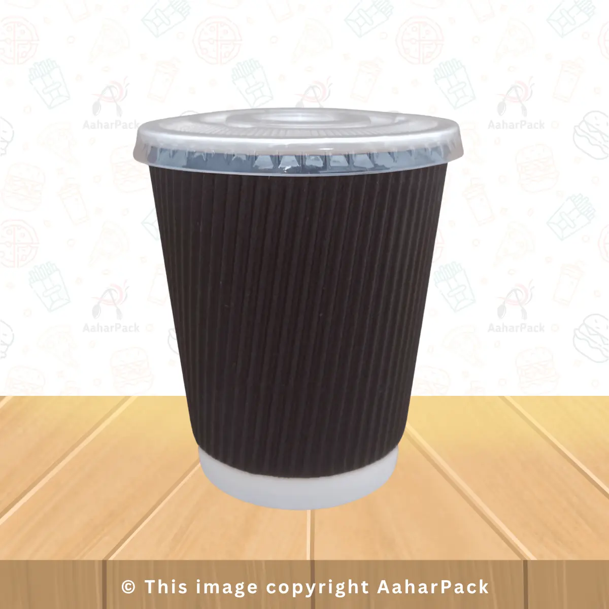 300 ML Long Ripple Wall Black Paper Cups With Plastic Flat Lid – Pack of 1000 Pcs