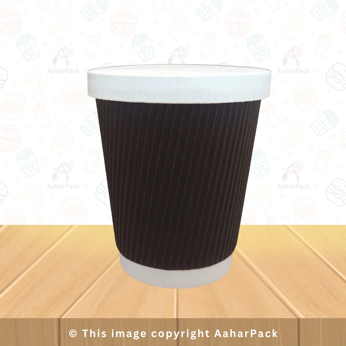 300 ML Long Ripple Wall Black Paper Cups With Paper Flat Without Straw Cut Lid – Pack of 1000 Pcs