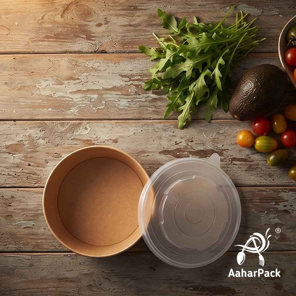 500 ML Kraft Paper Salad Bowls with PP Lids (Pack of 150) - Microwave Safe Brown Disposable Food Containers | Eco-Friendly, Leak-Proof Paper Bowls for Hot Soups, Salads & Takeaway