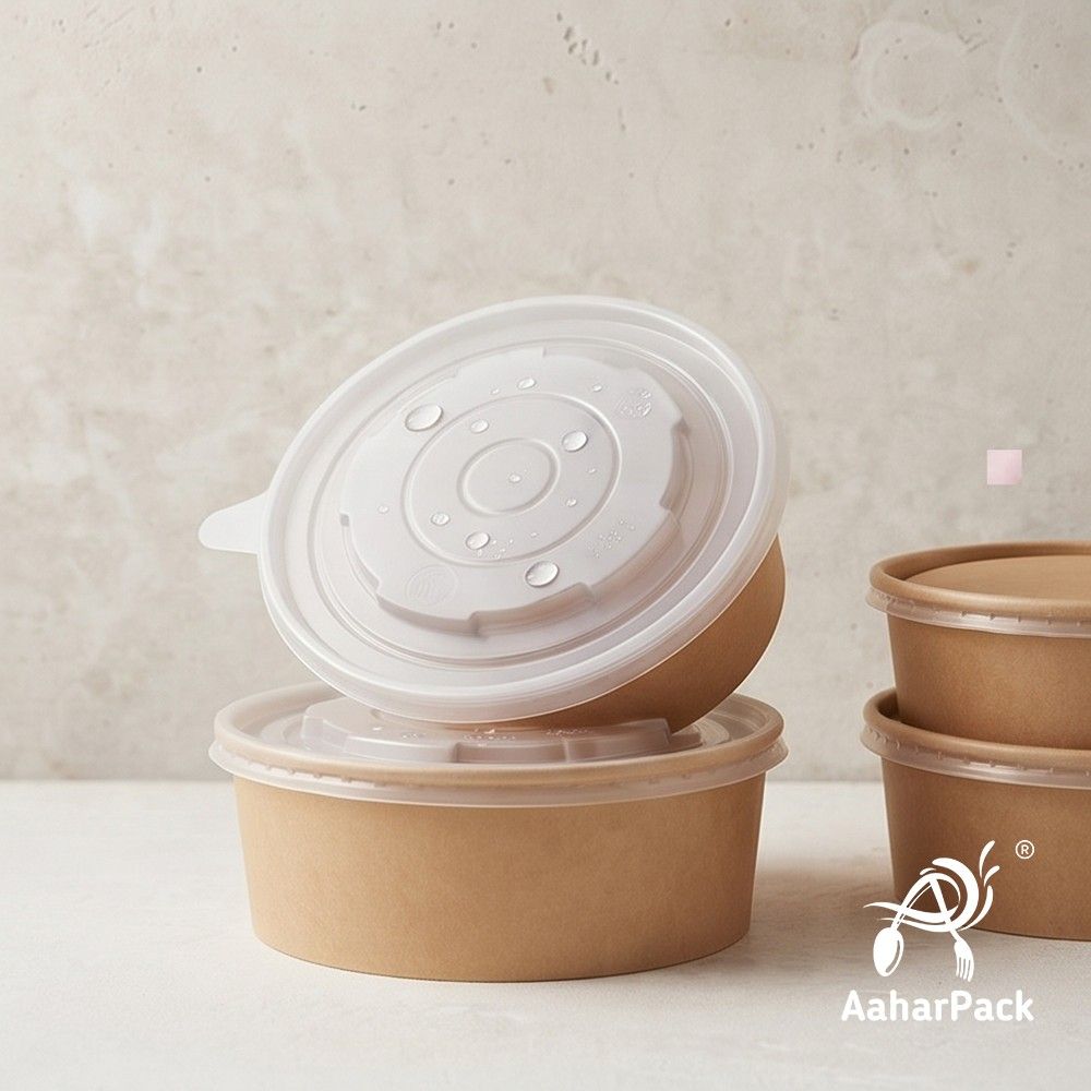 500 ML Kraft Paper Salad Bowls with PP Lids (Pack of 150) - Microwave Safe Brown Disposable Food Containers | Eco-Friendly, Leak-Proof Paper Bowls for Hot Soups, Salads & Takeaway