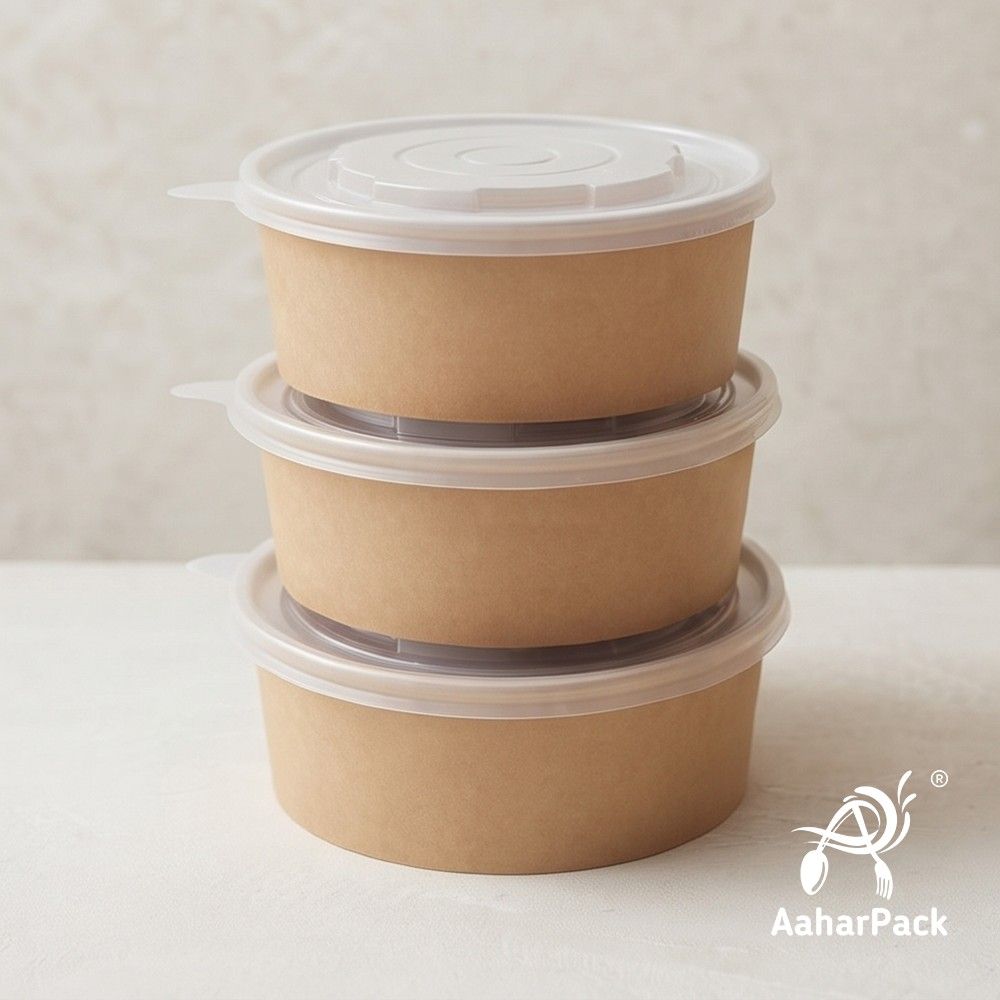 500 ML Kraft Paper Salad Bowls with PP Lids (Pack of 150) - Microwave Safe Brown Disposable Food Containers | Eco-Friendly, Leak-Proof Paper Bowls for Hot Soups, Salads & Takeaway