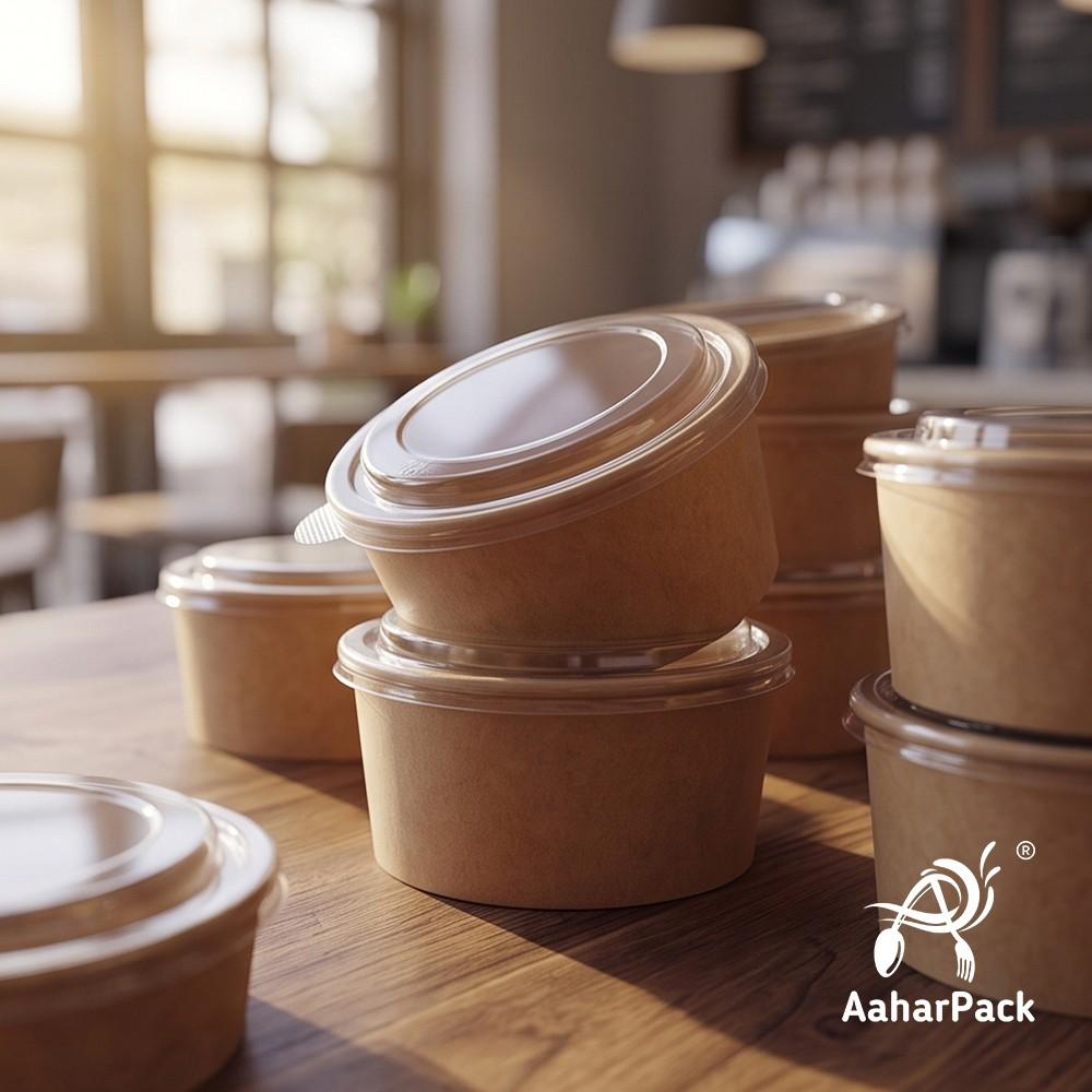 500 ML Kraft Paper Salad Bowls with Clear PET Lids (Pack of 150) - Brown Disposable Takeaway Food Containers | Leak-Proof & Eco-Friendly Packaging for Salads, Poke, Meal Prep & Delivery