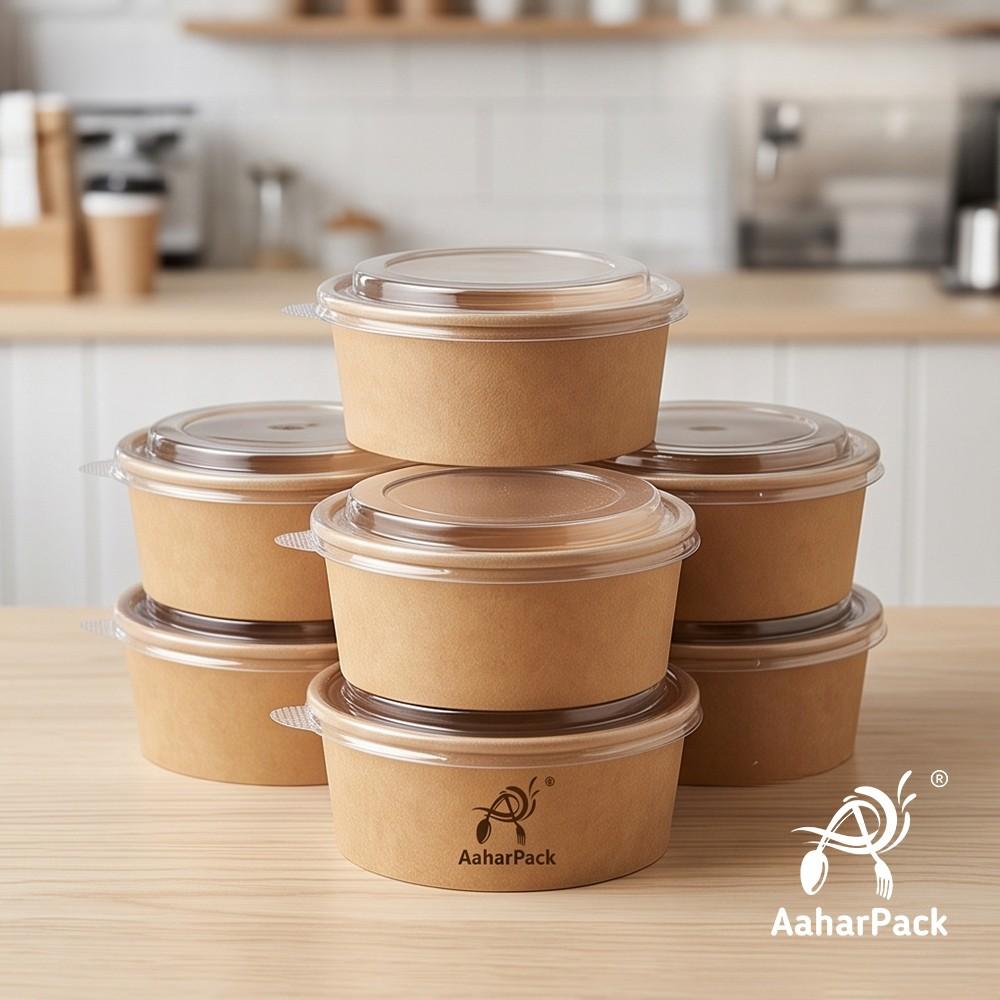 500 ML Kraft Paper Salad Bowls with Clear PET Lids (Pack of 150) - Brown Disposable Takeaway Food Containers | Leak-Proof & Eco-Friendly Packaging for Salads, Poke, Meal Prep & Delivery