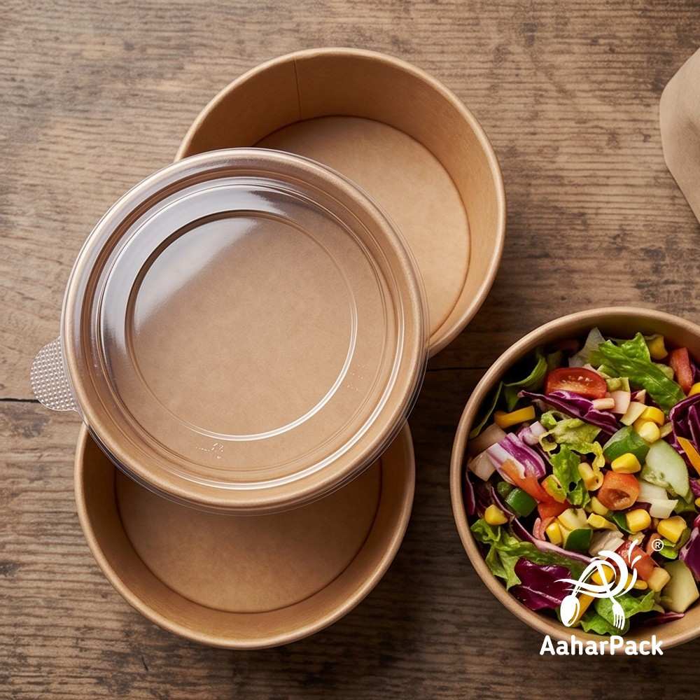 750 ML Kraft Paper Salad Bowls with Clear PET Lids (Pack of 150) - Large Disposable Brown Takeaway Food Containers | Eco-Friendly, Leak-Proof Packaging for Salads, Poke Bowls & Meal Prep