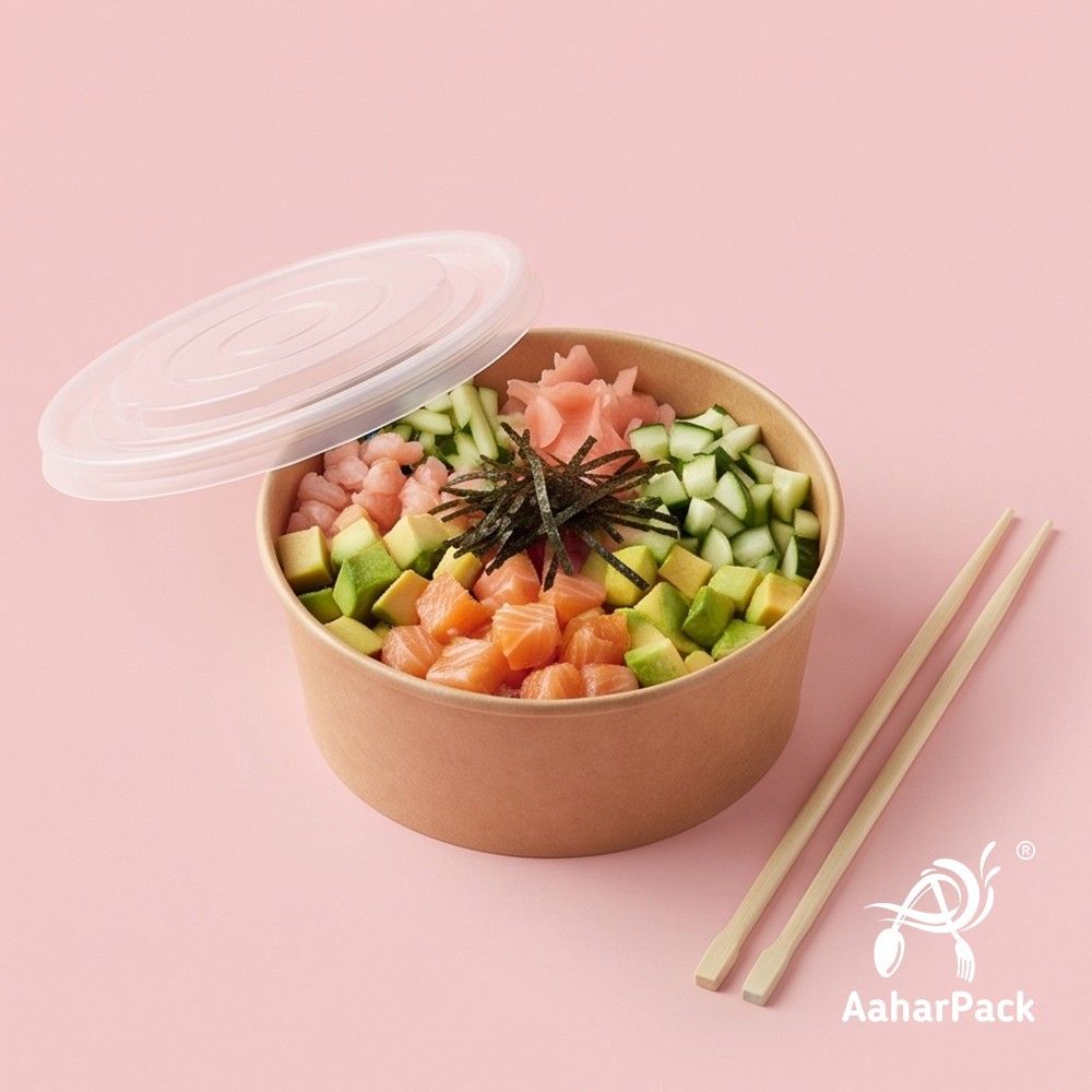 1000 ML Kraft Paper Salad Bowls with PP Lids (Pack of 150) - Extra Large Microwave Safe Disposable Food Containers | Heavy-Duty, Leak-Proof Takeaway Packaging for Hot Meals & Delivery