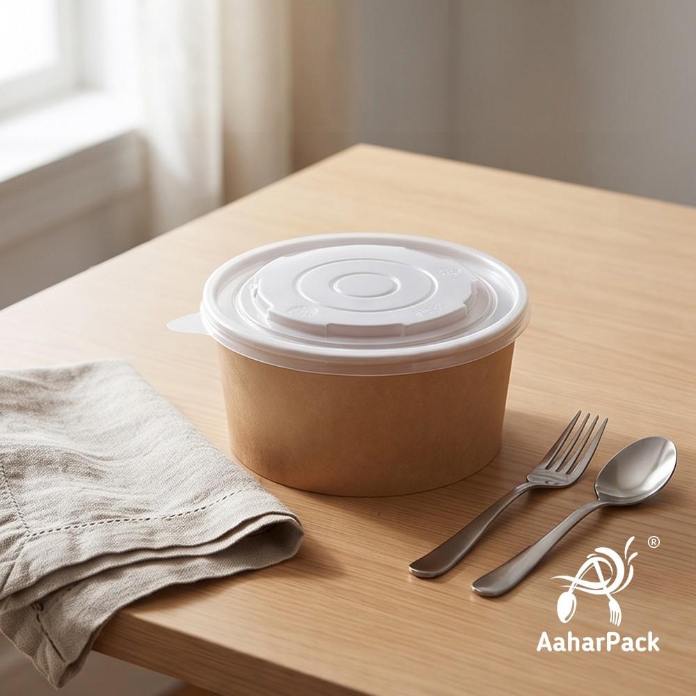 1000 ML Kraft Paper Salad Bowls with PP Lids (Pack of 150) - Extra Large Microwave Safe Disposable Food Containers | Heavy-Duty, Leak-Proof Takeaway Packaging for Hot Meals & Delivery