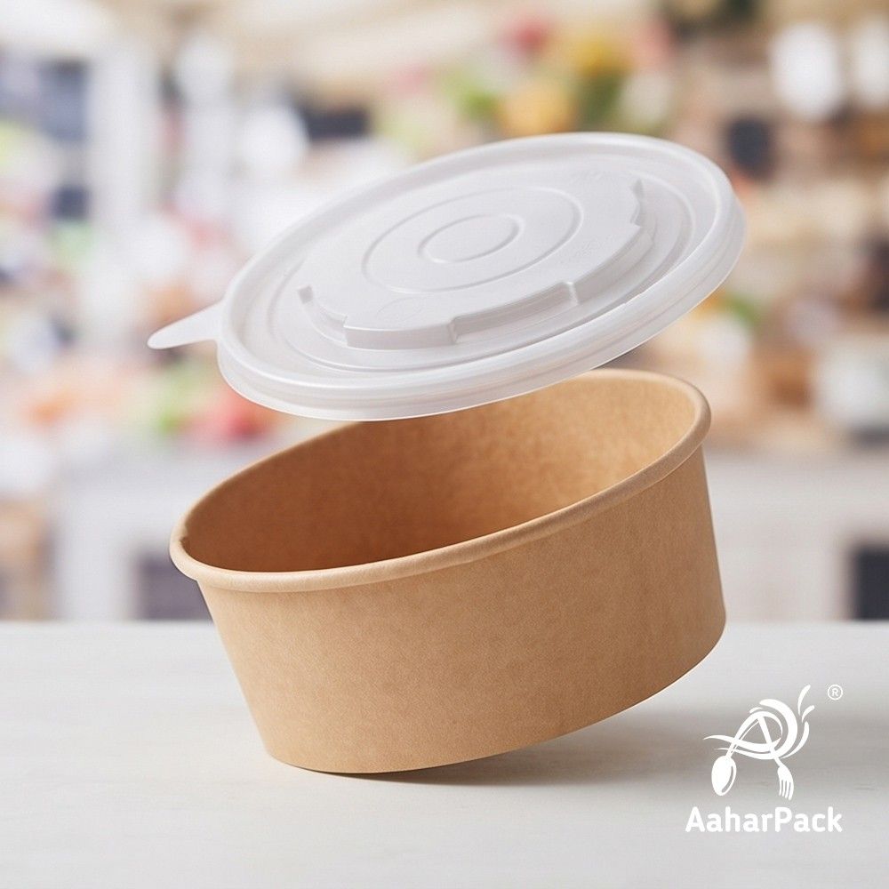 750 ML Kraft Paper Salad Bowls with PP Lids (Pack of 150) - Large Microwave Safe Disposable Paper Bowls | Leak-Proof, Eco-Friendly Food Containers for Hot Meals, Curries & Takeaway