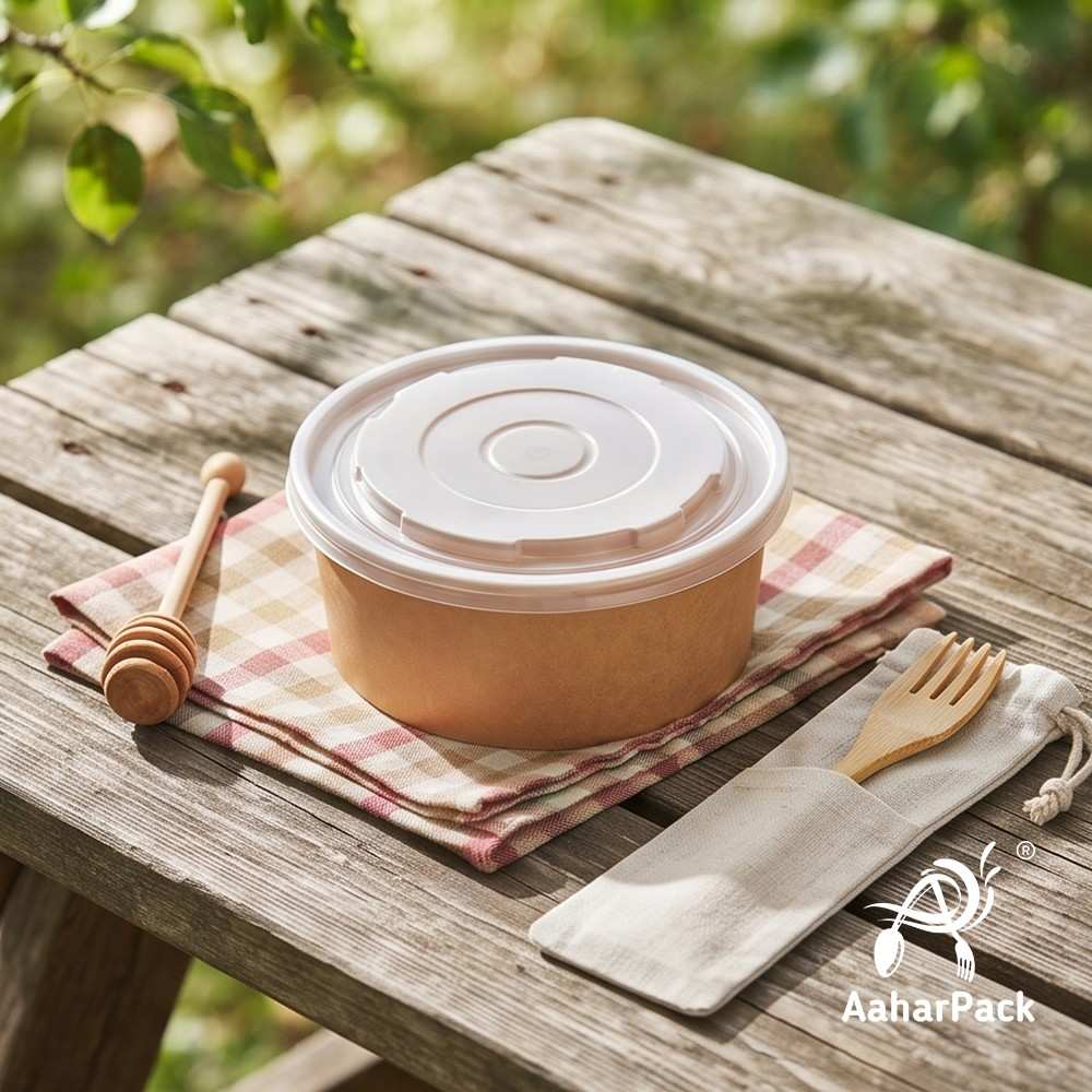 750 ML Kraft Paper Salad Bowls with PP Lids (Pack of 150) - Large Microwave Safe Disposable Paper Bowls | Leak-Proof, Eco-Friendly Food Containers for Hot Meals, Curries & Takeaway