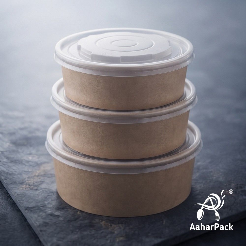 750 ML Kraft Paper Salad Bowls with PP Lids (Pack of 150) - Large Microwave Safe Disposable Paper Bowls | Leak-Proof, Eco-Friendly Food Containers for Hot Meals, Curries & Takeaway