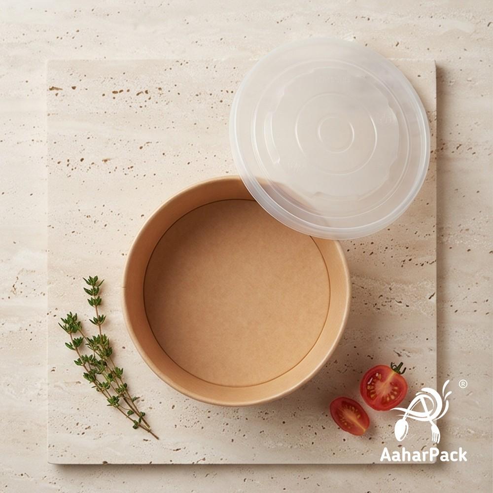 750 ML Kraft Paper Salad Bowls with PP Lids (Pack of 150) - Large Microwave Safe Disposable Paper Bowls | Leak-Proof, Eco-Friendly Food Containers for Hot Meals, Curries & Takeaway