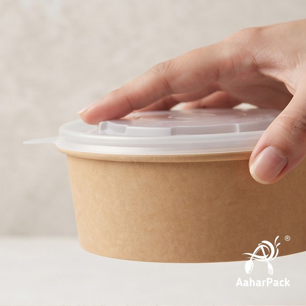 750 ML Kraft Paper Salad Bowls with PP Lids (Pack of 150) - Large Microwave Safe Disposable Paper Bowls | Leak-Proof, Eco-Friendly Food Containers for Hot Meals, Curries & Takeaway