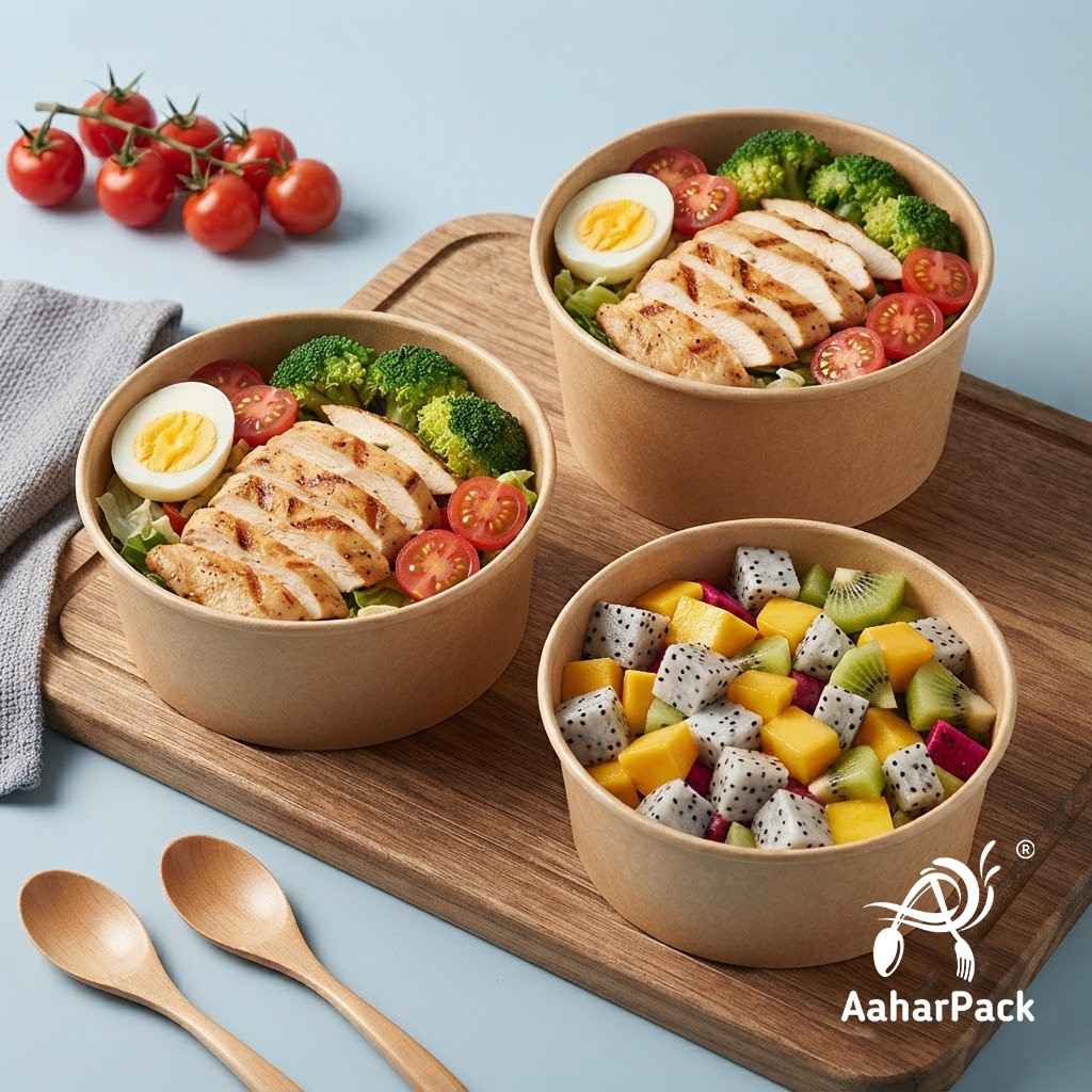 750 ML Kraft Paper Salad Bowls Without Lid (Pack of 200) - Large Brown Disposable Paper Bowls | Eco-Friendly, Leak-Proof Food Containers for Main Course Salads, Takeaway & Catering