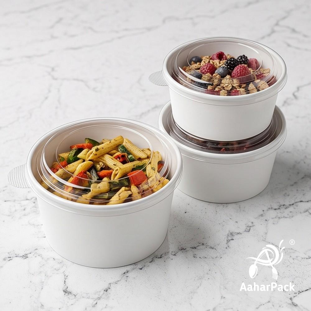 1000 ML White Paper Salad Bowls with Clear PET Lids (Pack of 150) - Extra Large Premium Disposable Food Containers | Leak-Proof Takeaway Packaging for Jumbo Salads, Poke & Deli Display
