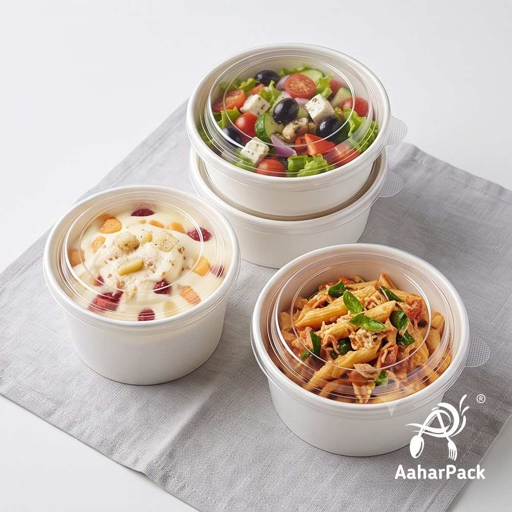 1000 ML White Paper Salad Bowls with Clear PET Lids (Pack of 150) - Extra Large Premium Disposable Food Containers | Leak-Proof Takeaway Packaging for Jumbo Salads, Poke & Deli Display