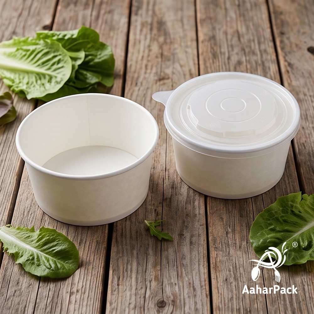 1000 ML White Paper Salad Bowls with PP Lids (Pack of 150) - Extra Large Microwave Safe Disposable Food Containers | Premium Leak-Proof Takeaway Packaging for Hot Meals, Soups & Delivery