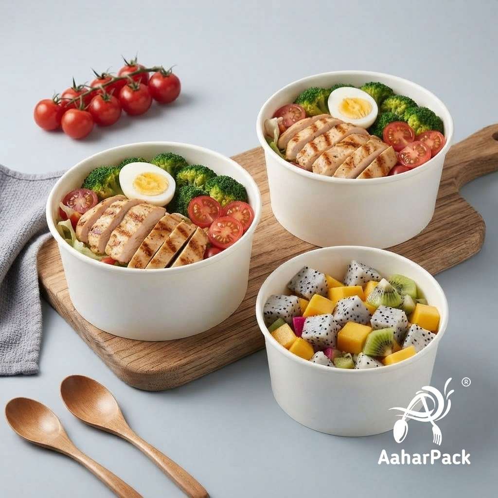 1000 ML White Paper Salad Bowls Without Lid (Pack of 200) - Extra Large Premium Disposable Food Containers | Heavy-Duty, Leak-Proof Takeaway Bowls for Catering, Buffets & Big Meals