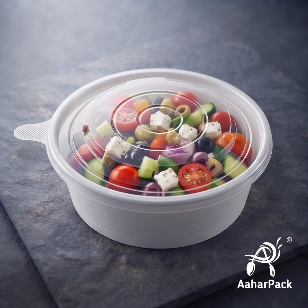 500 ML White Paper Salad  Bowls with PP Lids (Pack of 150) - Microwave Safe Disposable Food Containers | Premium Leak-Proof Takeaway Packaging for Hot Soups, Noodles & Delivery
