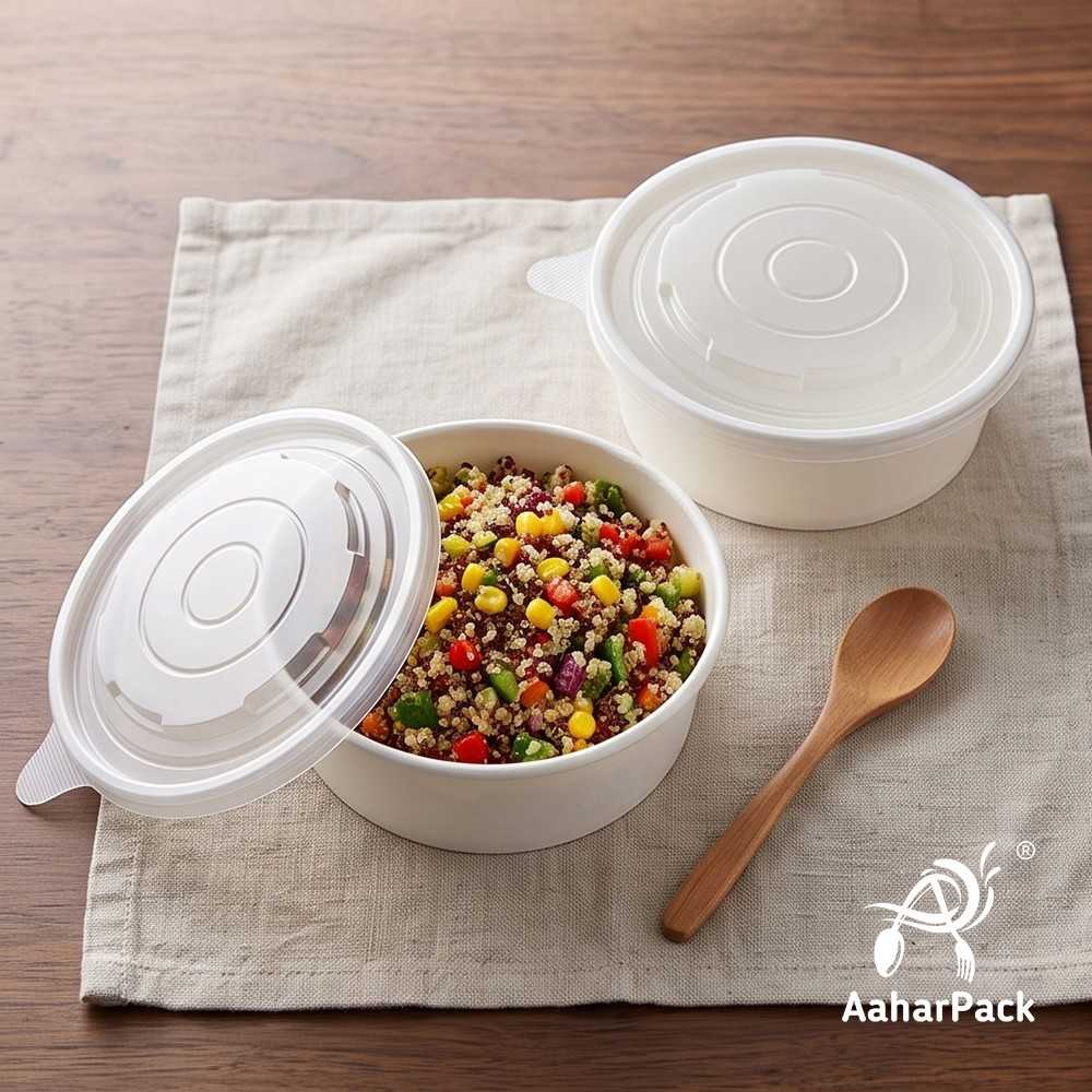 500 ML White Paper Salad  Bowls with PP Lids (Pack of 150) - Microwave Safe Disposable Food Containers | Premium Leak-Proof Takeaway Packaging for Hot Soups, Noodles & Delivery