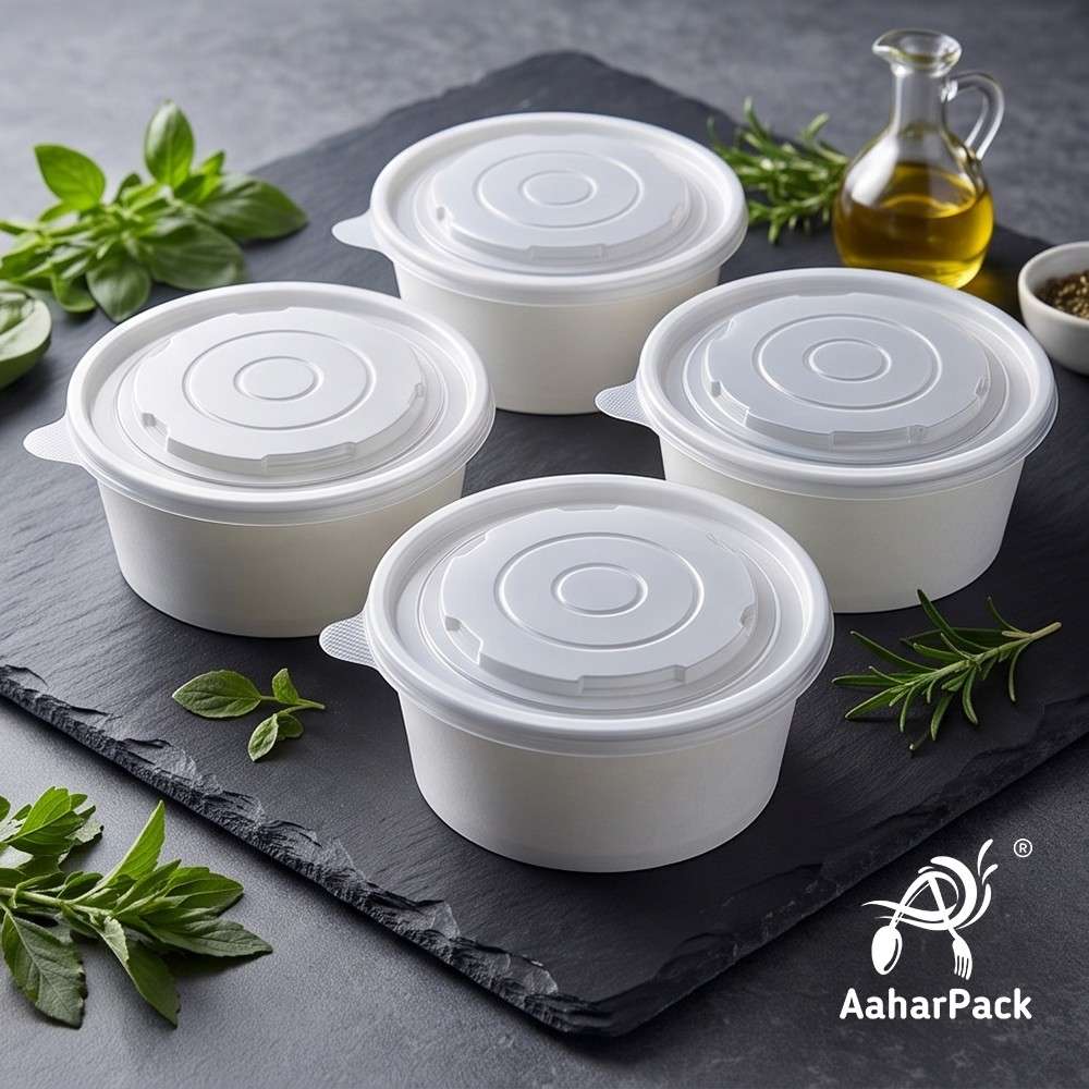 500 ML White Paper Salad  Bowls with PP Lids (Pack of 150) - Microwave Safe Disposable Food Containers | Premium Leak-Proof Takeaway Packaging for Hot Soups, Noodles & Delivery