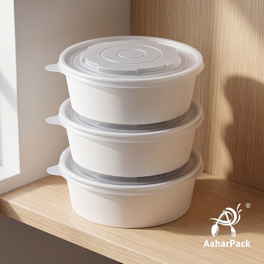 500 ML White Paper Salad  Bowls with PP Lids (Pack of 150) - Microwave Safe Disposable Food Containers | Premium Leak-Proof Takeaway Packaging for Hot Soups, Noodles & Delivery