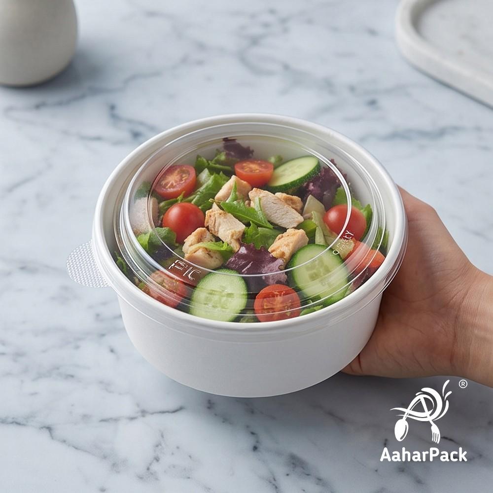 500 ML White Paper Salad Bowls with Clear PET Lids (Pack of 150) - Premium Disposable Food Containers | Leak-Proof Takeaway Packaging for Salads, Poke Bowls & Deli Display