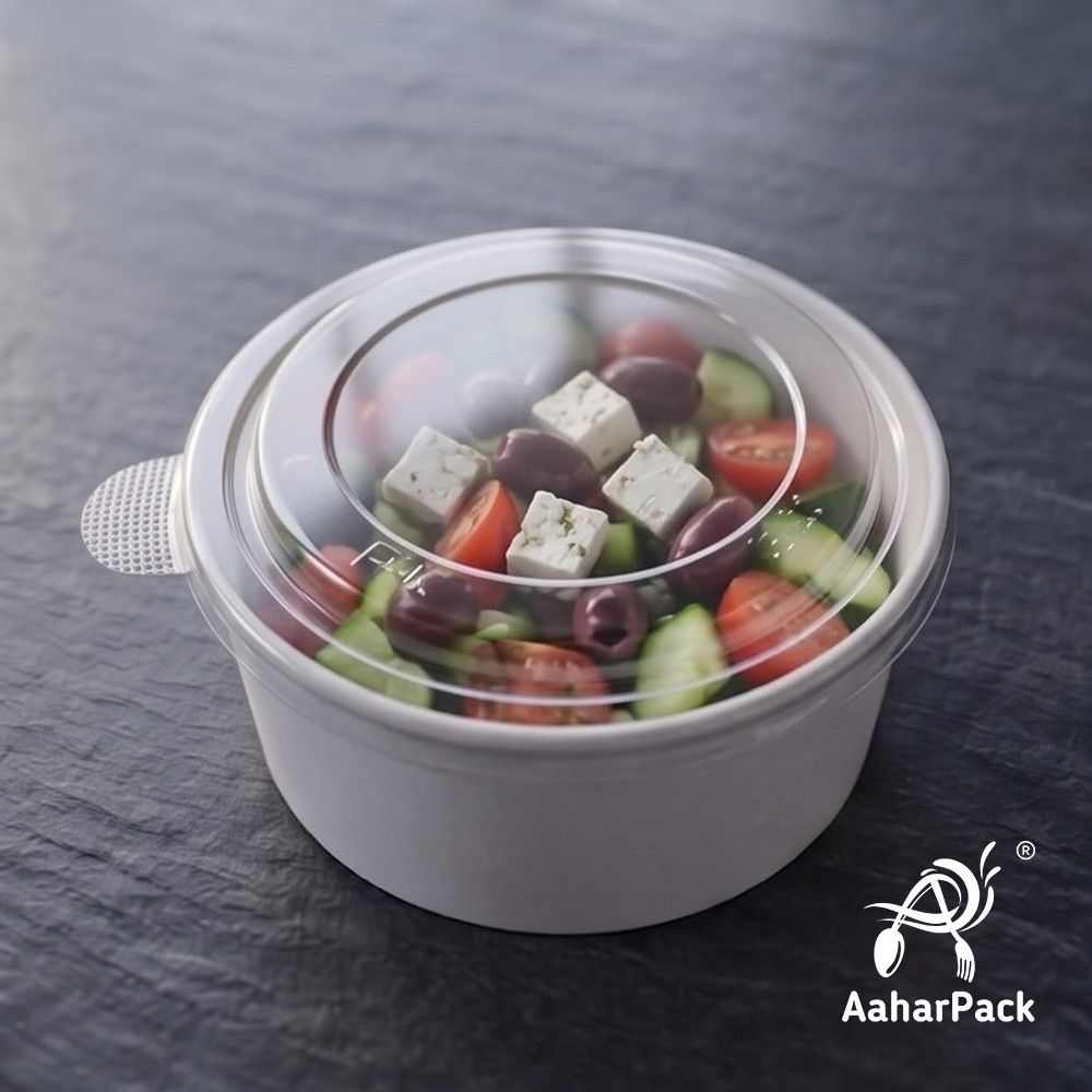 500 ML White Paper Salad Bowls with Clear PET Lids (Pack of 150) - Premium Disposable Food Containers | Leak-Proof Takeaway Packaging for Salads, Poke Bowls & Deli Display