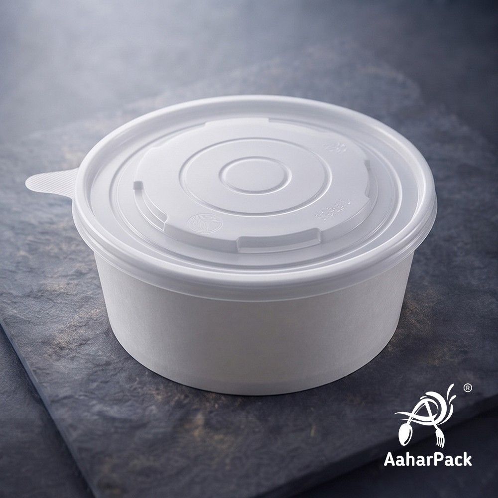 750 ML White Paper Salad Bowls with PP Lids (Pack of 150) - Large Microwave Safe Disposable Food Containers | Premium Leak-Proof Takeaway Packaging for Hot Meals, Curries & Delivery