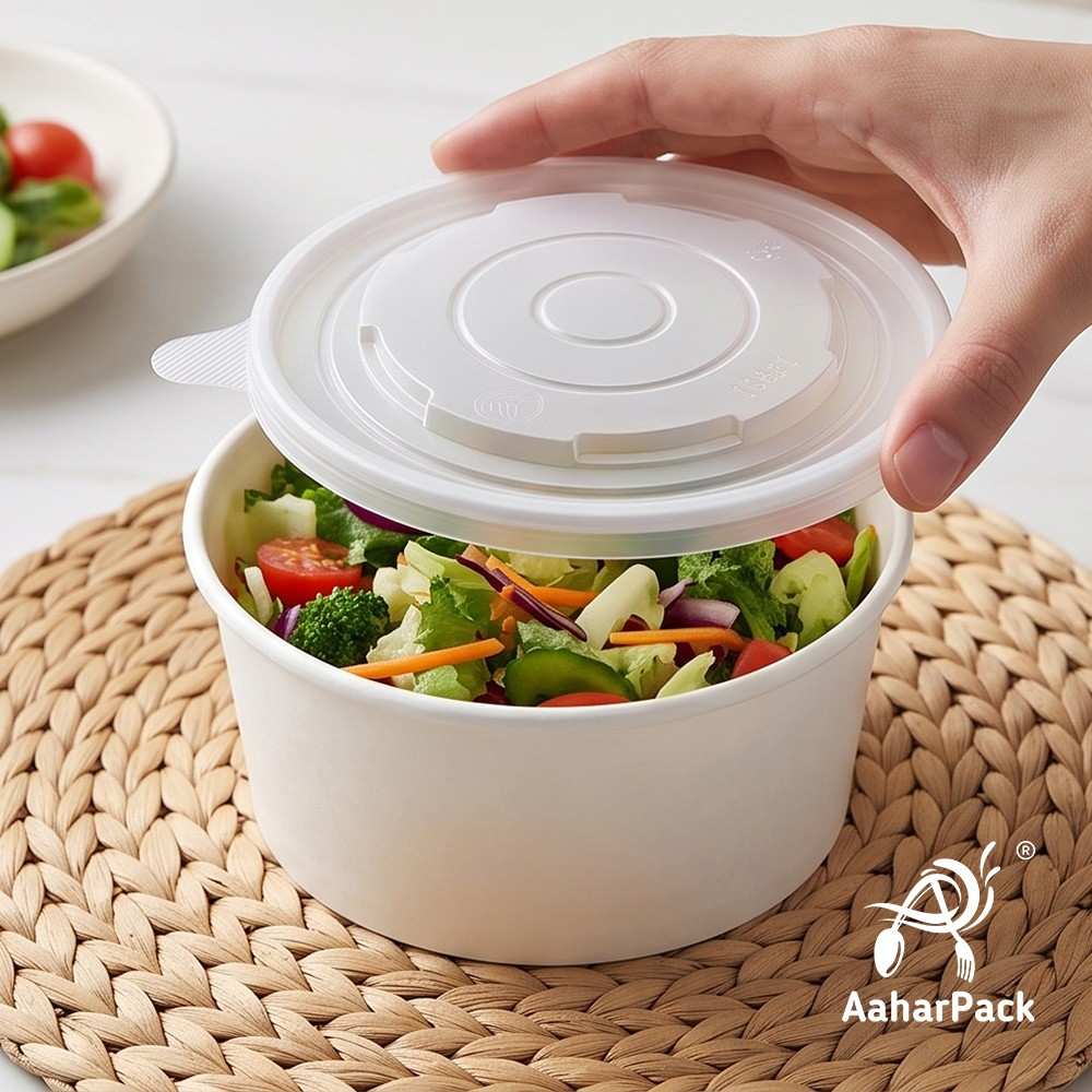 750 ML White Paper Salad Bowls with PP Lids (Pack of 150) - Large Microwave Safe Disposable Food Containers | Premium Leak-Proof Takeaway Packaging for Hot Meals, Curries & Delivery