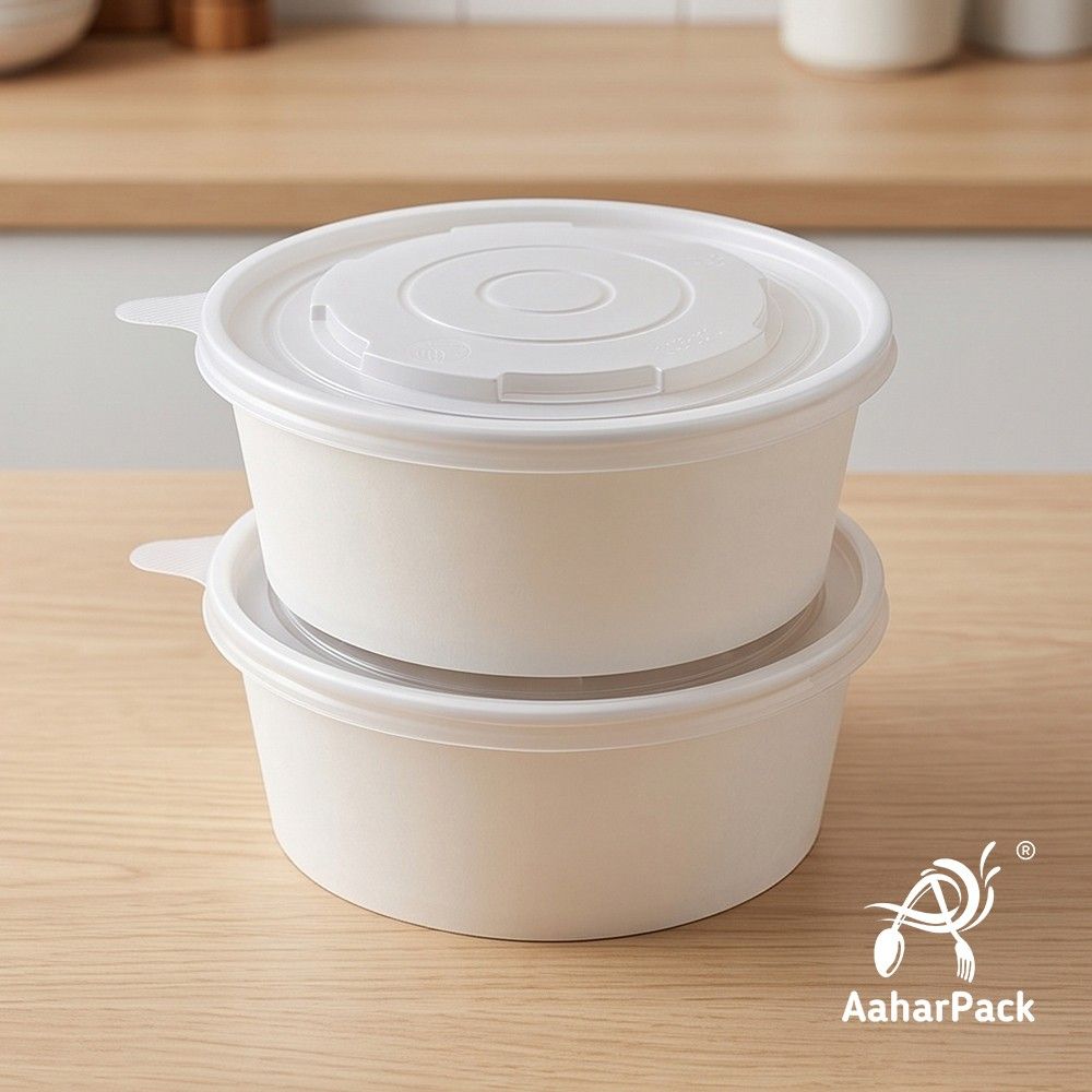 750 ML White Paper Salad Bowls with PP Lids (Pack of 150) - Large Microwave Safe Disposable Food Containers | Premium Leak-Proof Takeaway Packaging for Hot Meals, Curries & Delivery