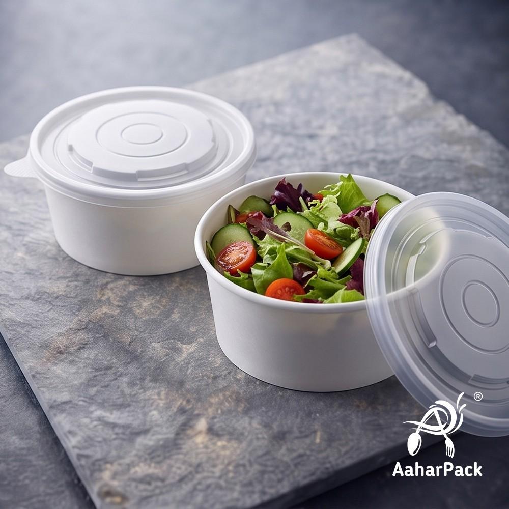 750 ML White Paper Salad Bowls with PP Lids (Pack of 150) - Large Microwave Safe Disposable Food Containers | Premium Leak-Proof Takeaway Packaging for Hot Meals, Curries & Delivery