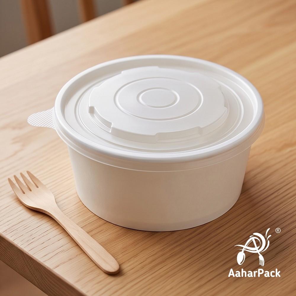 750 ML White Paper Salad Bowls with PP Lids (Pack of 150) - Large Microwave Safe Disposable Food Containers | Premium Leak-Proof Takeaway Packaging for Hot Meals, Curries & Delivery