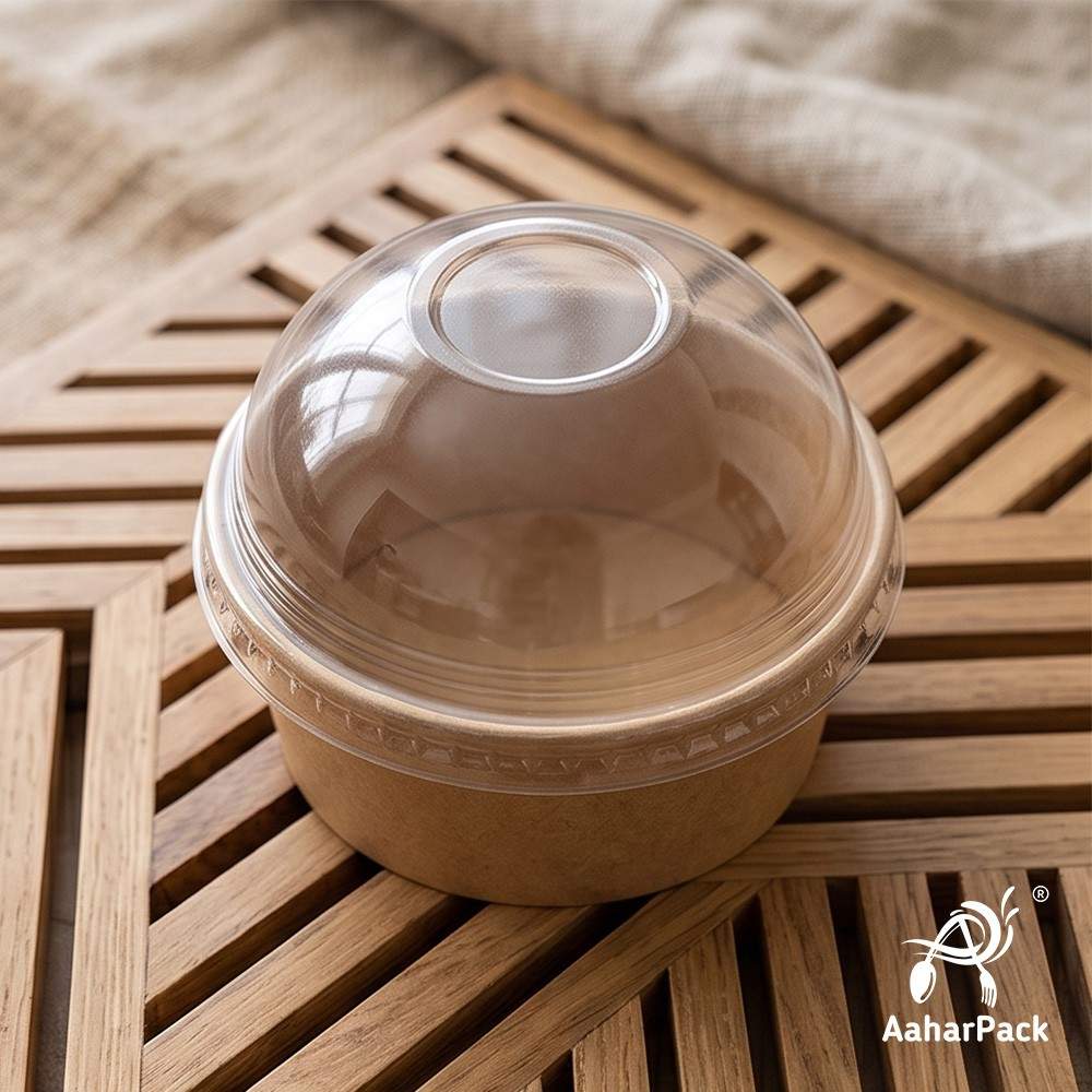 200 ML Kraft Paper Bowls with Dome Lids (Pack of 150) - Small Brown Disposable Paper Bowls | Eco-Friendly, Leak-Proof Takeaway Food Containers for Ice Cream Sundaes & Sweet Treats