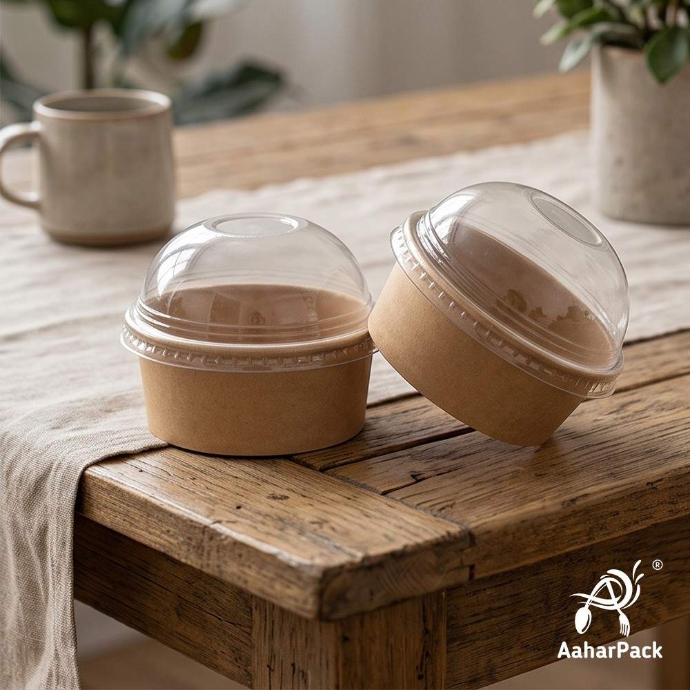 200 ML Kraft Paper Bowls with Dome Lids (Pack of 150) - Small Brown Disposable Paper Bowls | Eco-Friendly, Leak-Proof Takeaway Food Containers for Ice Cream Sundaes & Sweet Treats