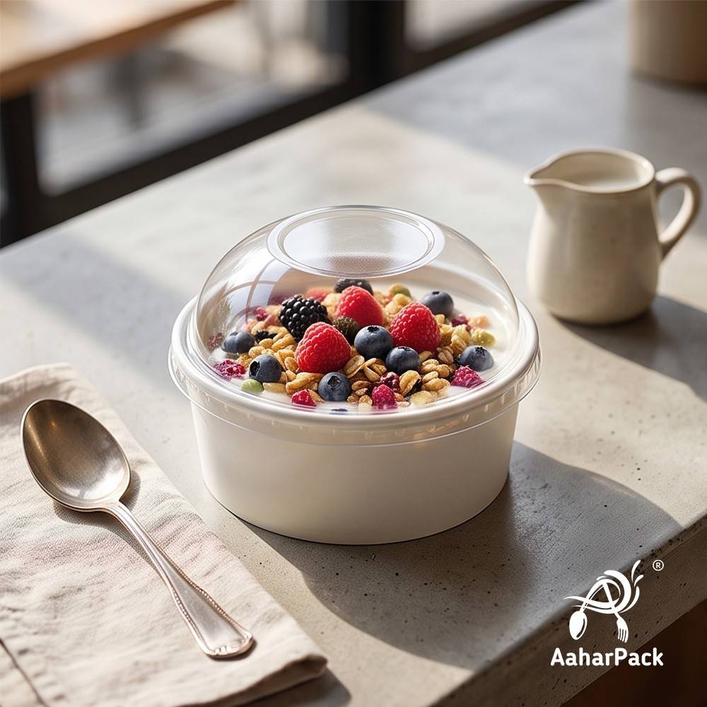 200 ML White Paper Bowls with Plastic Dome Lids (Pack of 150) - Small Disposable Paper Bowls | Premium Leak-Proof Takeaway Food Containers for Ice Cream Sundaes, Desserts & Sweet Treats