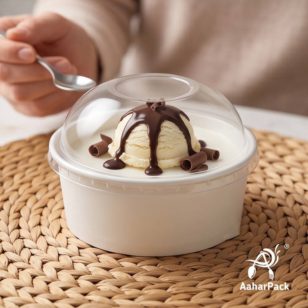 200 ML White Paper Bowls with Plastic Dome Lids (Pack of 150) - Small Disposable Paper Bowls | Premium Leak-Proof Takeaway Food Containers for Ice Cream Sundaes, Desserts & Sweet Treats
