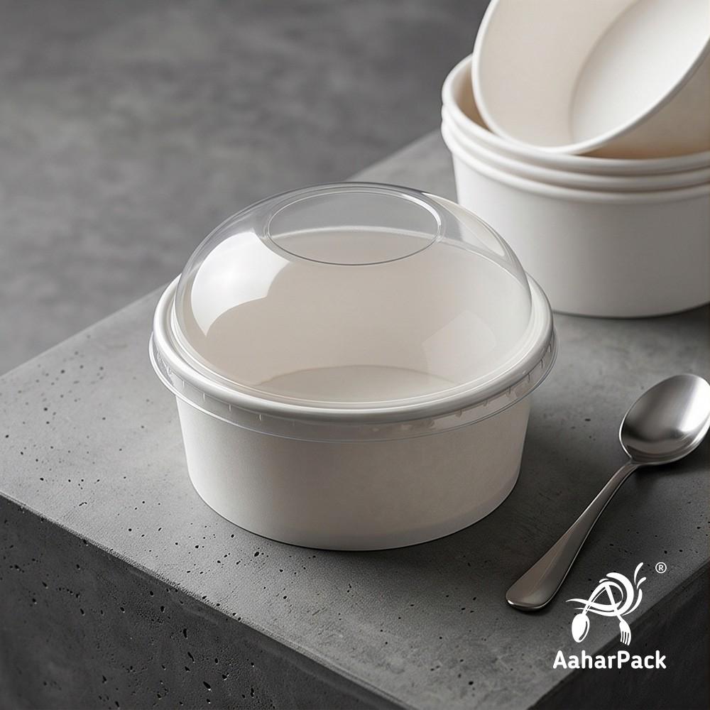 200 ML White Paper Bowls with Plastic Dome Lids (Pack of 150) - Small Disposable Paper Bowls | Premium Leak-Proof Takeaway Food Containers for Ice Cream Sundaes, Desserts & Sweet Treats