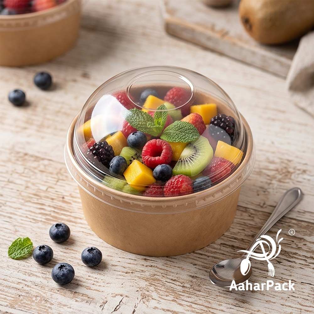 250 ML Kraft Paper Bowls with Dome Lids (Pack of 150) - Small Brown Disposable Paper Bowls | Eco-Friendly, Leak-Proof Takeaway Food Containers for Ice Cream Sundaes, Desserts & Fruit Bowls