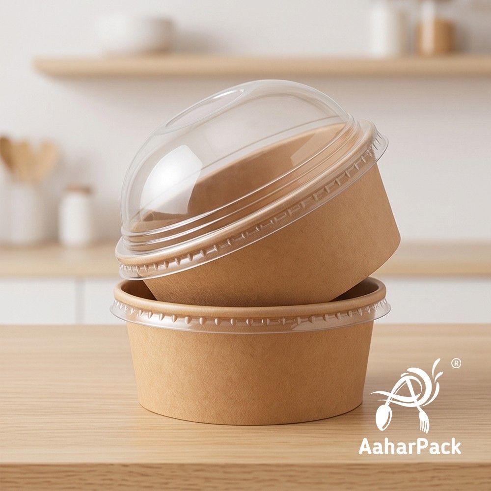 250 ML Kraft Paper Bowls with Dome Lids (Pack of 150) - Small Brown Disposable Paper Bowls | Eco-Friendly, Leak-Proof Takeaway Food Containers for Ice Cream Sundaes, Desserts & Fruit Bowls