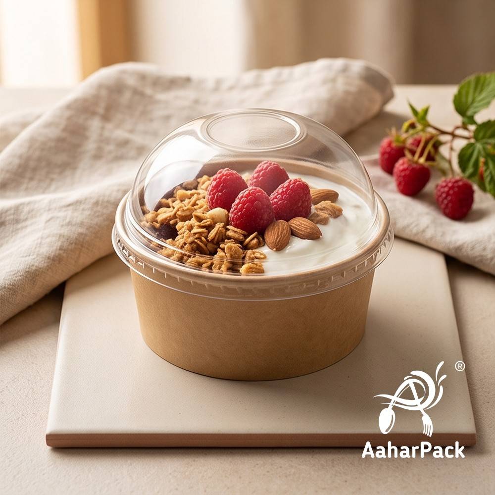 350 ML Kraft Paper Bowls with Dome Lids (Pack of 150) - Medium Brown Disposable Paper Bowls | Eco-Friendly, Leak-Proof Takeaway Food Containers for Large Ice Cream Sundaes, Loaded Desserts & Fruit Bowls