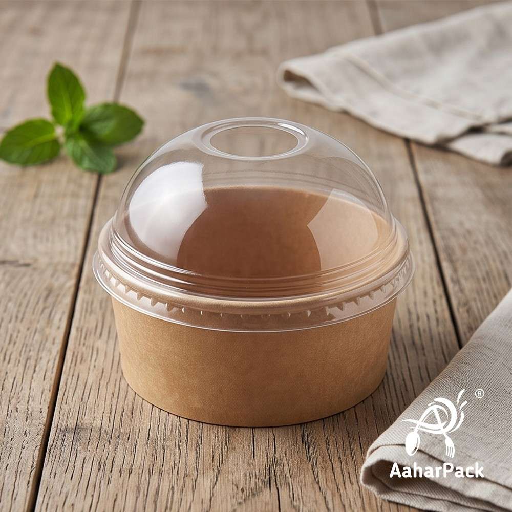 350 ML Kraft Paper Bowls with Dome Lids (Pack of 150) - Medium Brown Disposable Paper Bowls | Eco-Friendly, Leak-Proof Takeaway Food Containers for Large Ice Cream Sundaes, Loaded Desserts & Fruit Bowls