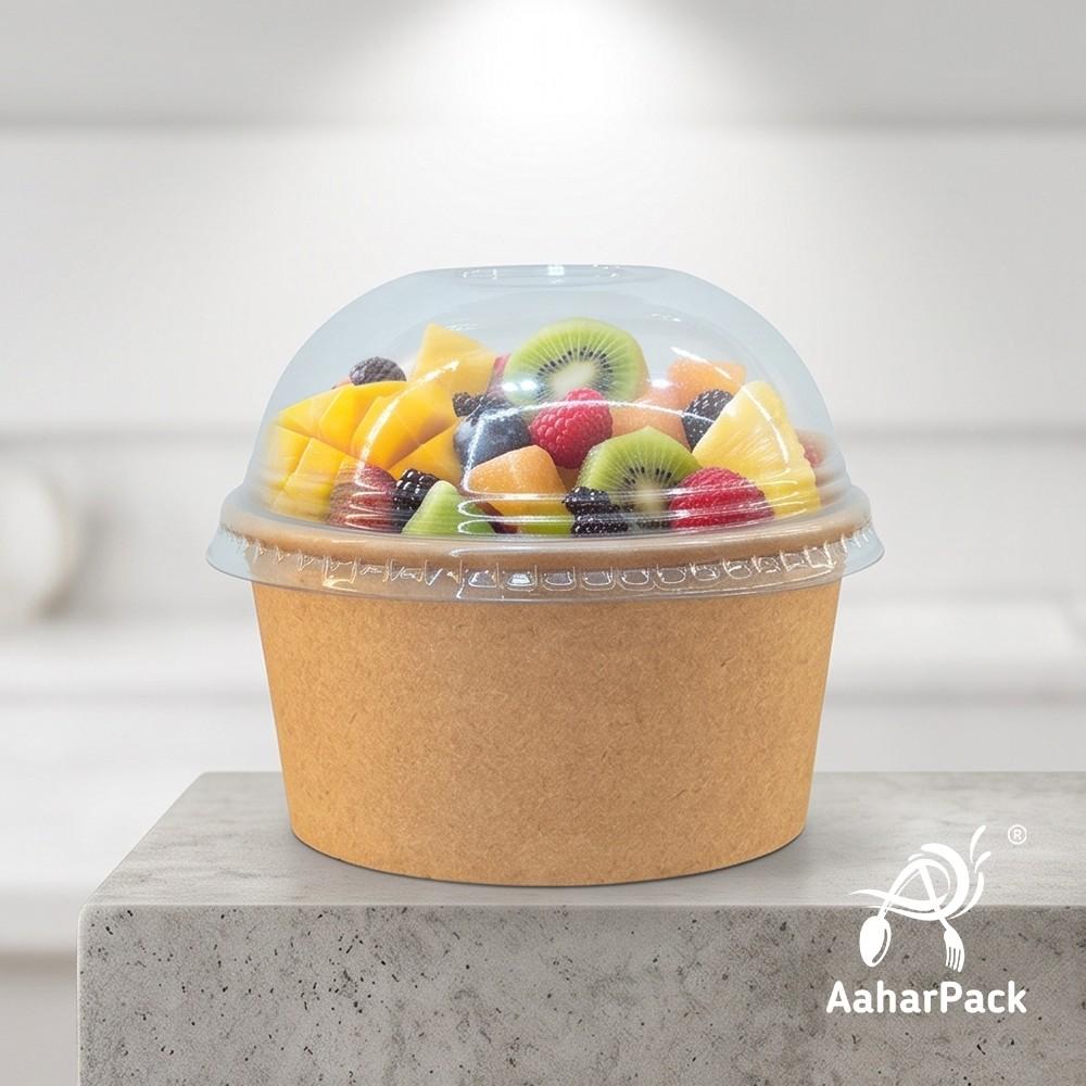 350 ML Kraft Paper Bowls with Dome Lids (Pack of 150) - Medium Brown Disposable Paper Bowls | Eco-Friendly, Leak-Proof Takeaway Food Containers for Large Ice Cream Sundaes, Loaded Desserts & Fruit Bowls
